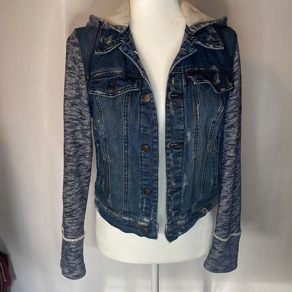 Free People distressed denim hooded jacket